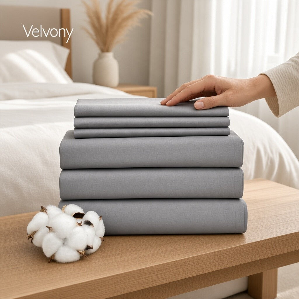 Complete dove grey cotton sateen bedding set on a bed: sheets, duvet cover and pillowcases, available in Queen and King