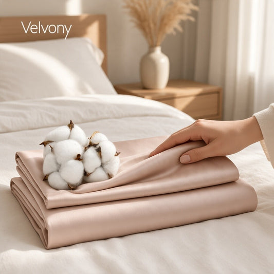 Peach Blush cotton sateen duvet cover and two pillowcases on a bed, available in Queen and King
