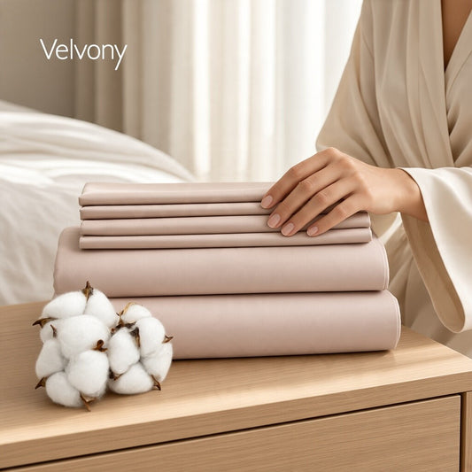 Peach Blush cotton sateen sheet set on a bed with fitted sheet, flat sheet and four pillowcases, available in Queen and King